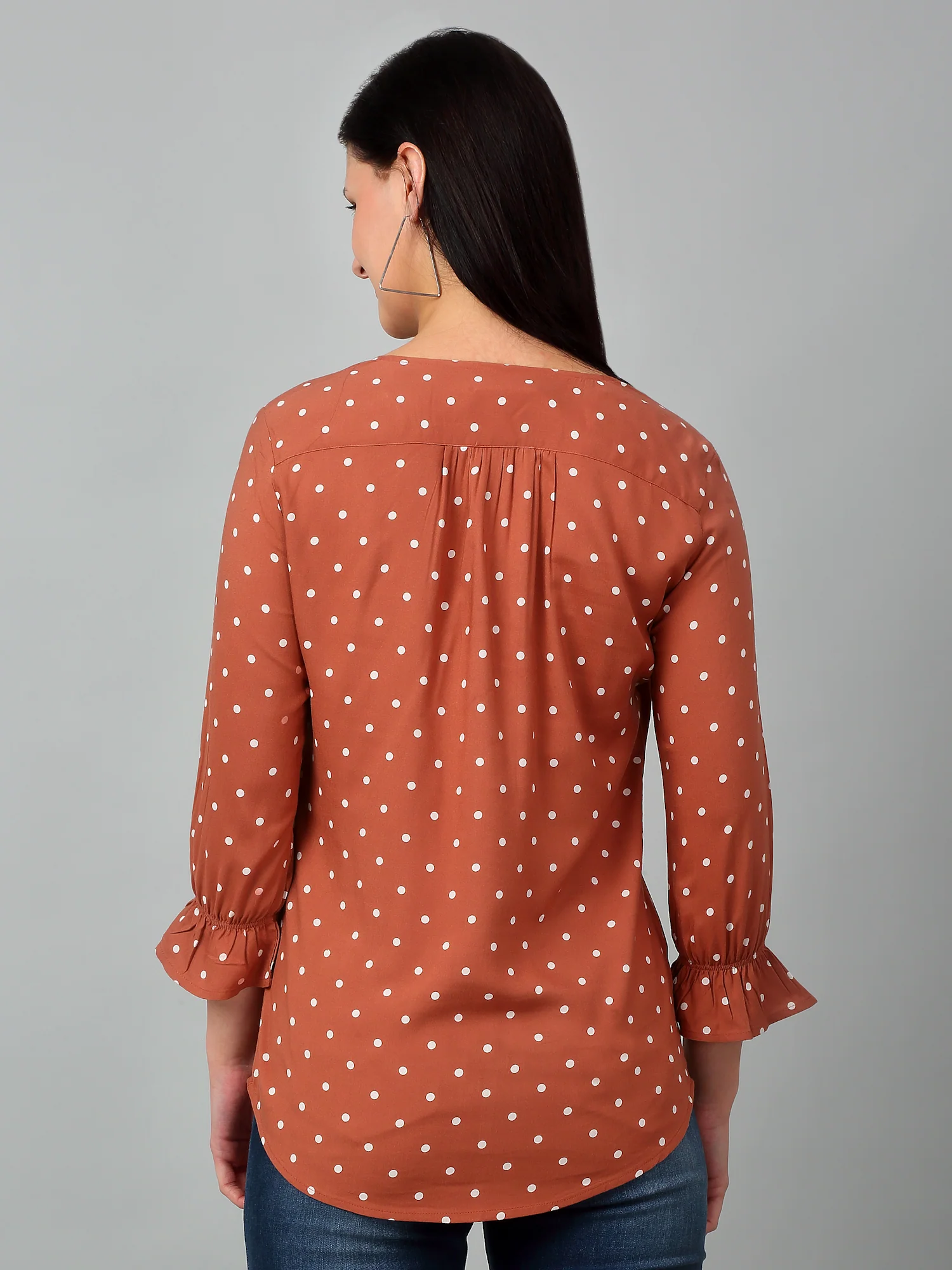 Women's Casual  Brown Polka dot Print V neck Top - Image 2