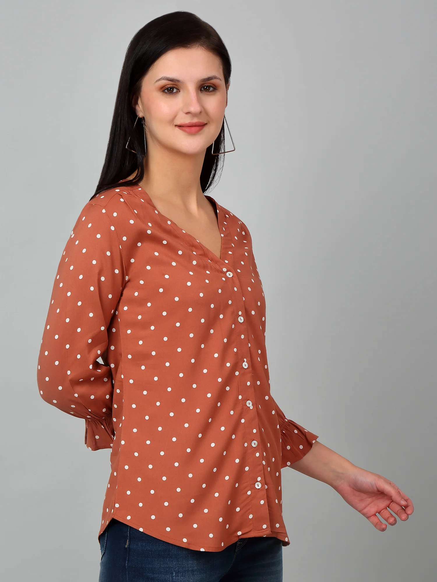 Women's Casual  Brown Polka dot Print V neck Top - Image 3