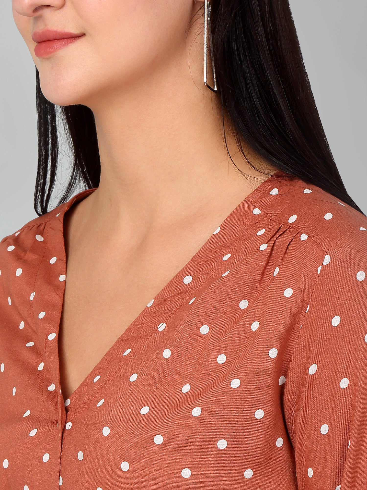 Women's Casual  Brown Polka dot Print V neck Top - Image 5