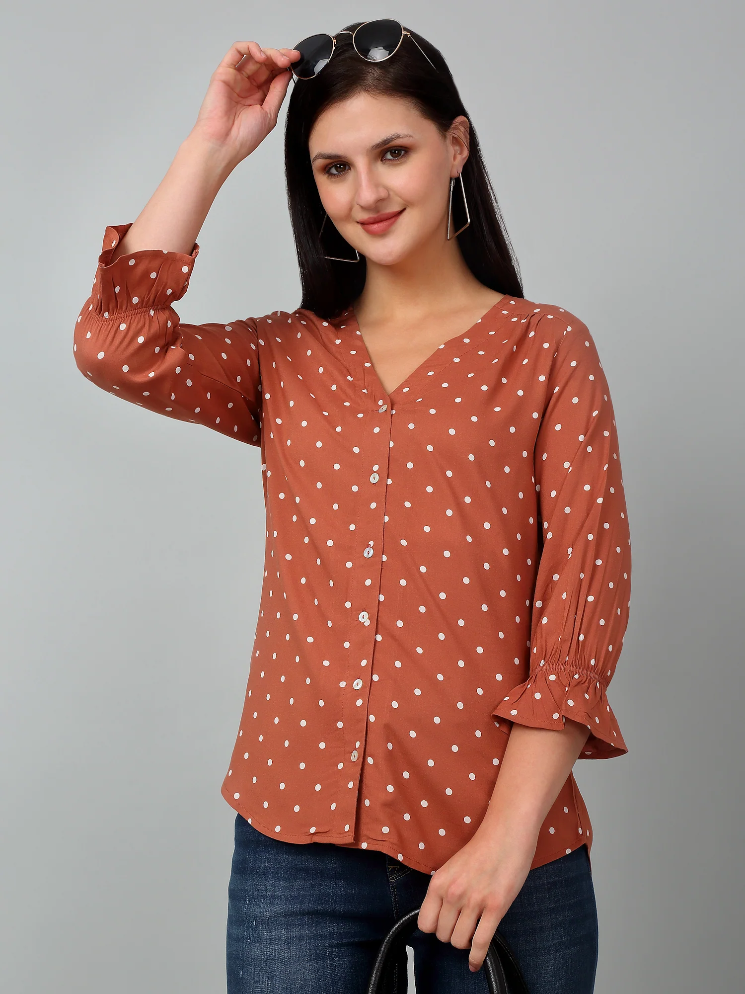 Women's Casual  Brown Polka dot Print V neck Top - Image 6