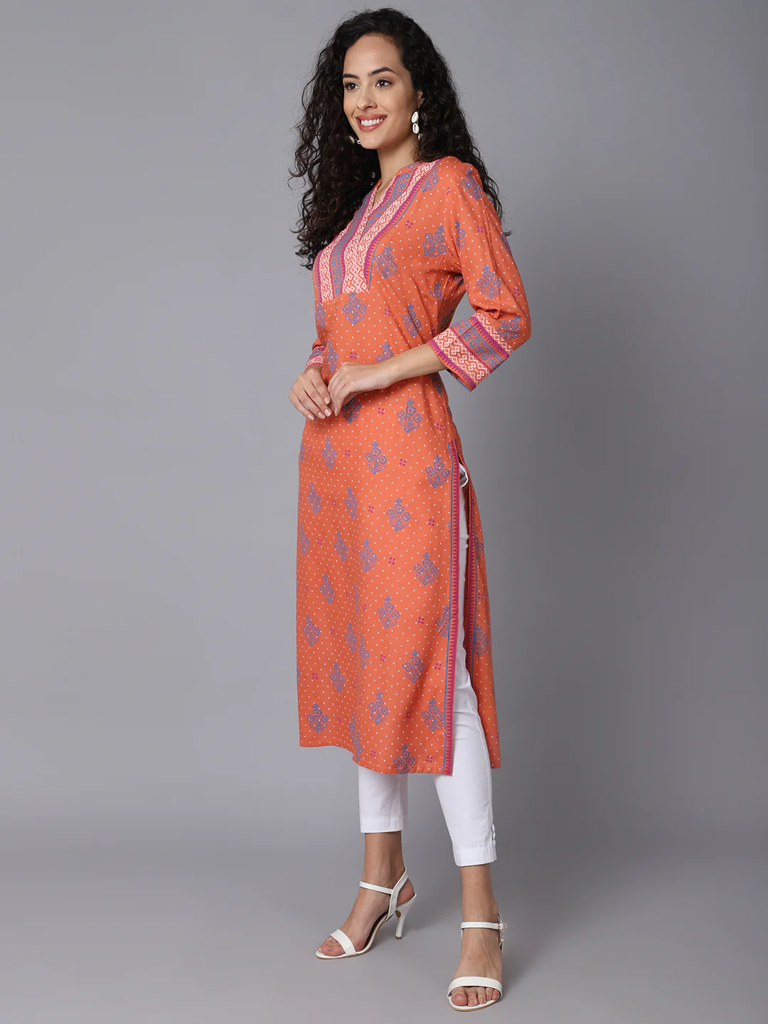 Women's Casual Band Collar Coral All Over Printed with border Calf length Kurti - Image 2
