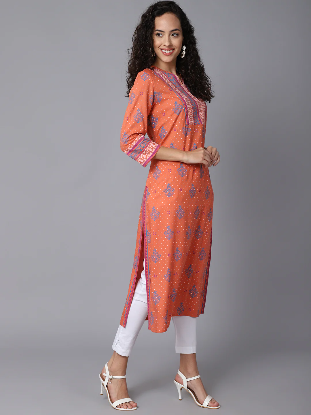 Women's Casual Band Collar Coral All Over Printed with border Calf length Kurti - Image 3
