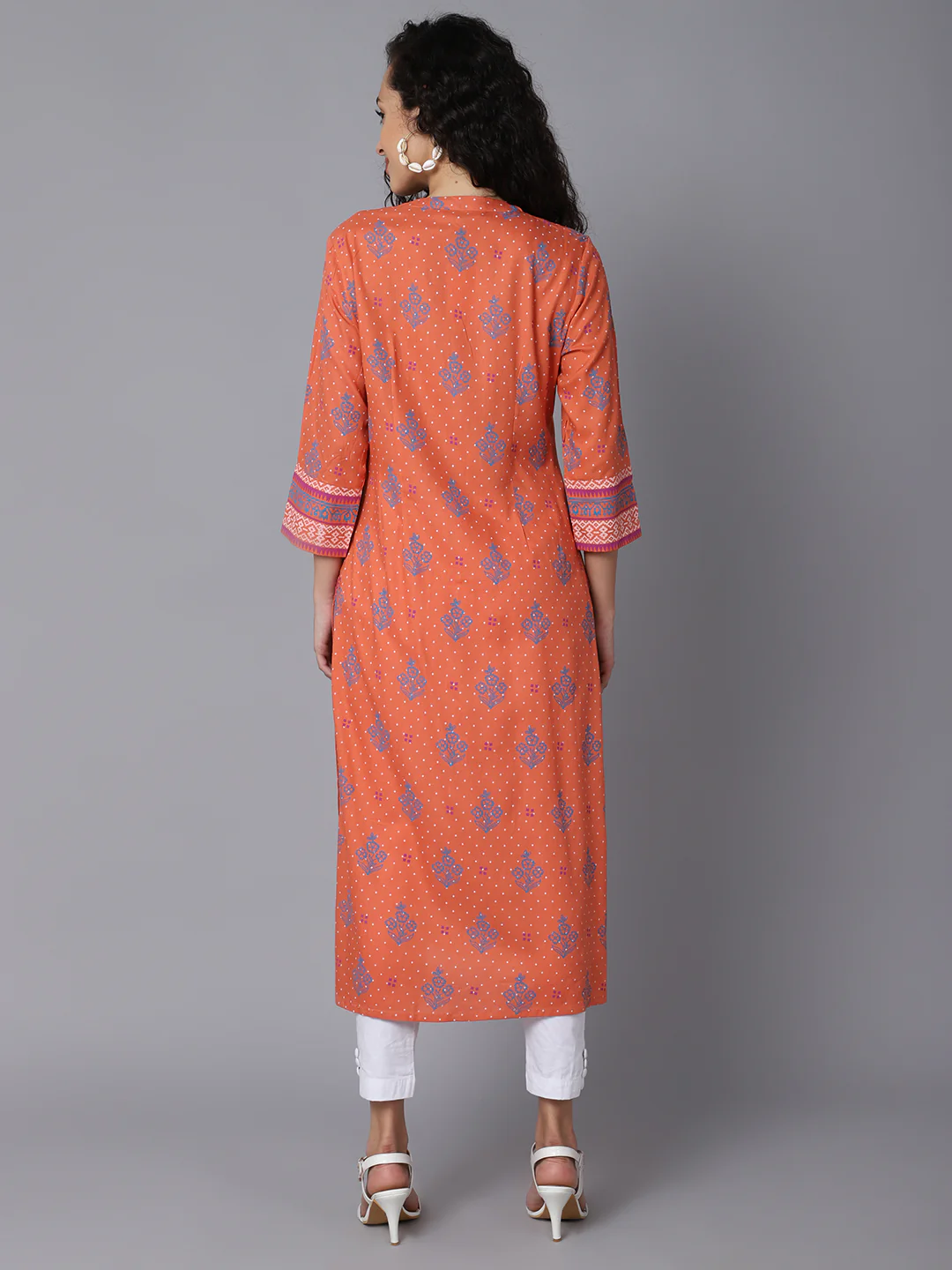 Women's Casual Band Collar Coral All Over Printed with border Calf length Kurti - Image 4