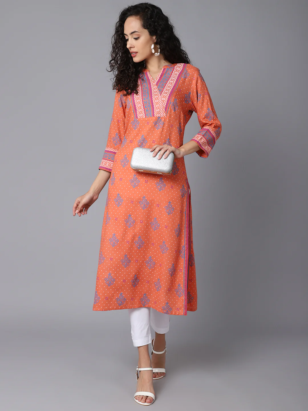 Women's Casual Band Collar Coral All Over Printed with border Calf length Kurti - Image 5