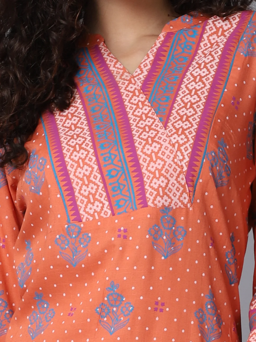 Women's Casual Band Collar Coral All Over Printed with border Calf length Kurti - Image 6