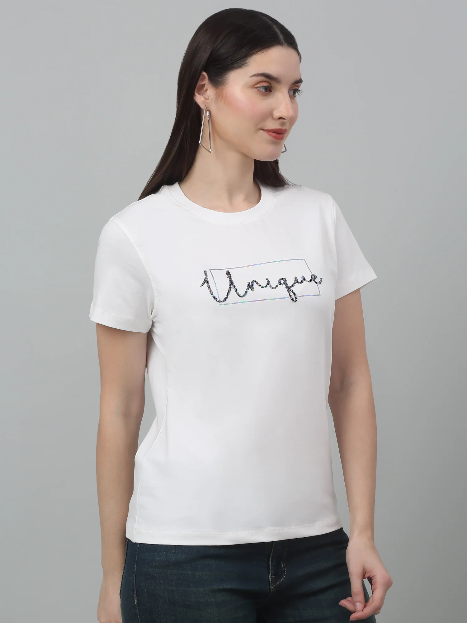 Women's Casual Regular Short Sleeve Cream Round neck Graphic Print T-Shirt - Image 4