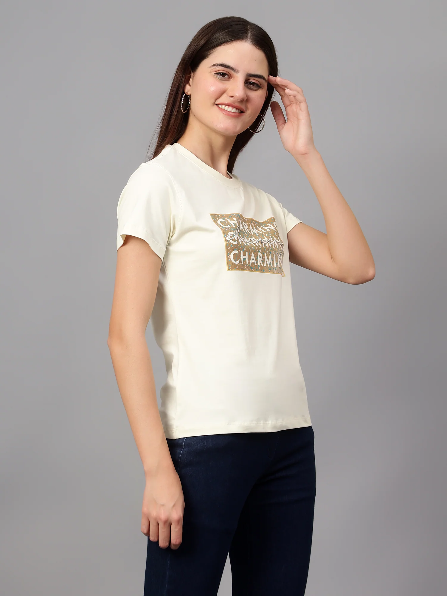 Women's Casual Regular Short Sleeve Butter Round neck Typographic Print T-Shirt - Image 3