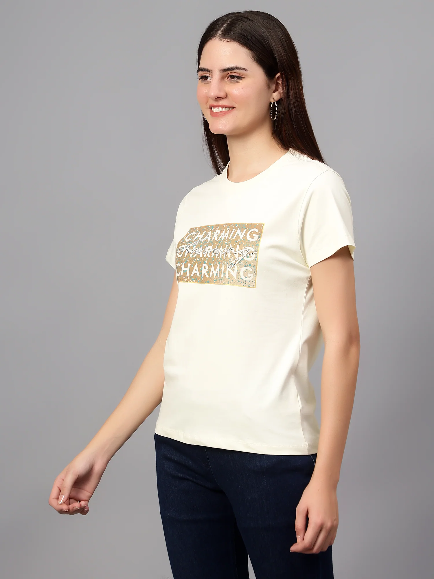 Women's Casual Regular Short Sleeve Butter Round neck Typographic Print T-Shirt - Image 4