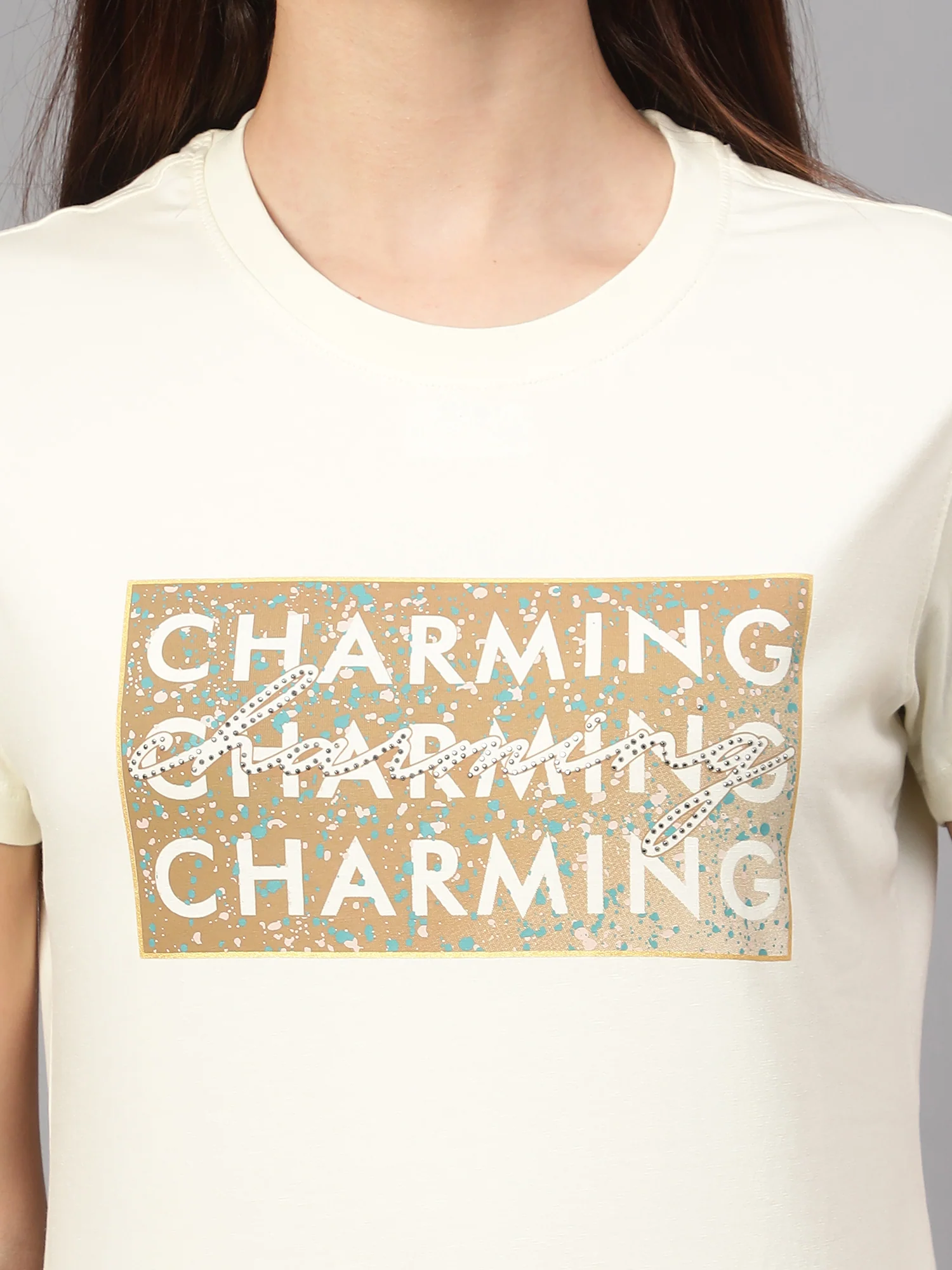 Women's Casual Regular Short Sleeve Butter Round neck Typographic Print T-Shirt - Image 5