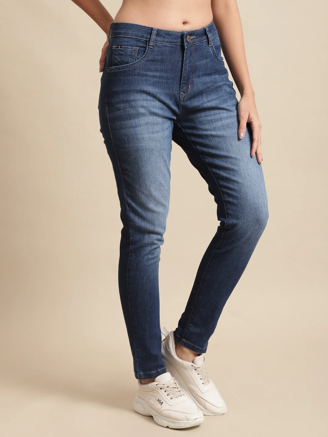 Women's Casual Skinny Fit Dark Mercerised Blue Medium Fade Mid rise Jeans - Image 4