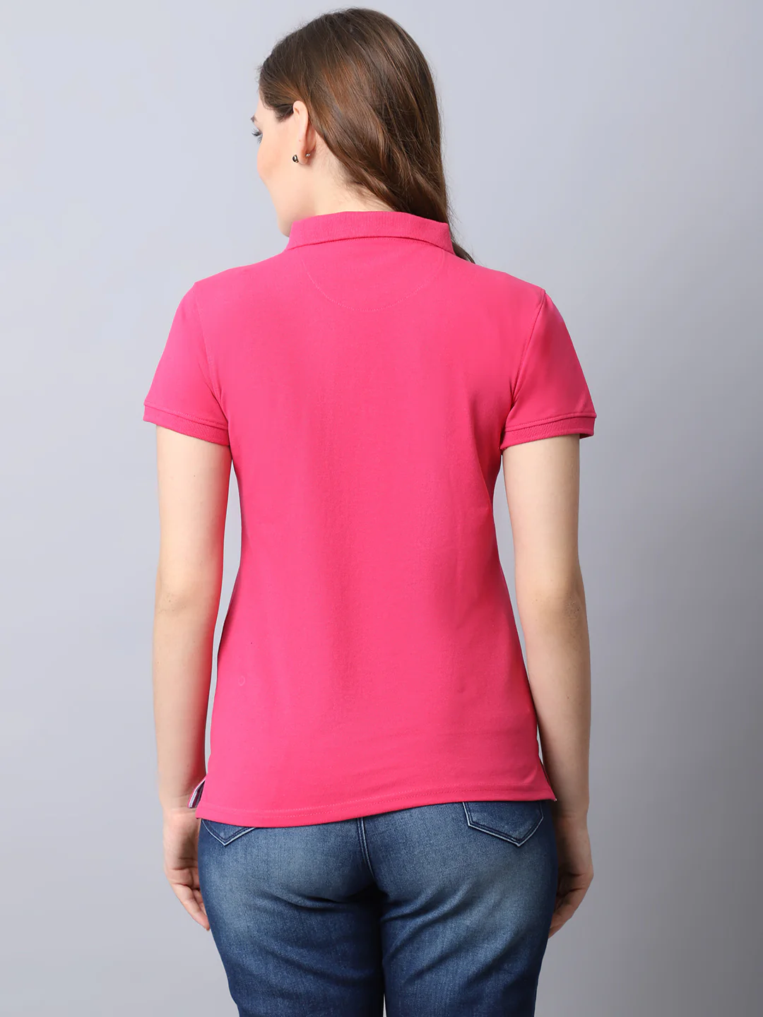Women's Casual Regular Short Sleeve Dark Pink Polo neck  T-Shirt - Image 2