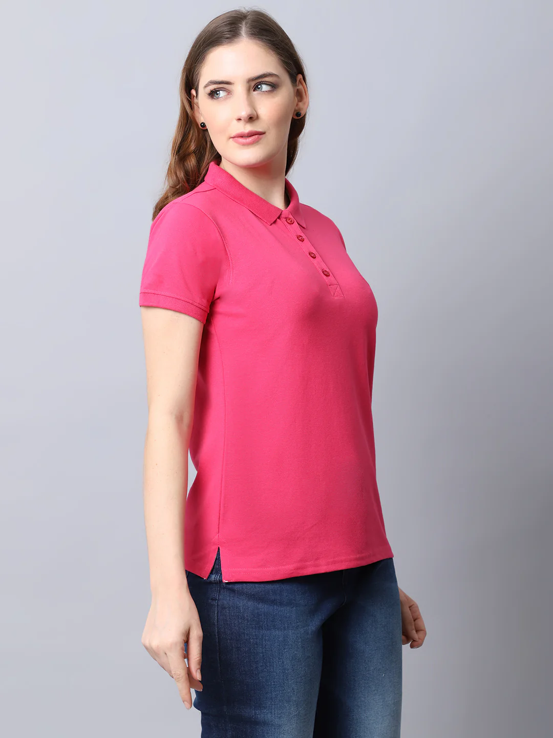 Women's Casual Regular Short Sleeve Dark Pink Polo neck  T-Shirt - Image 4