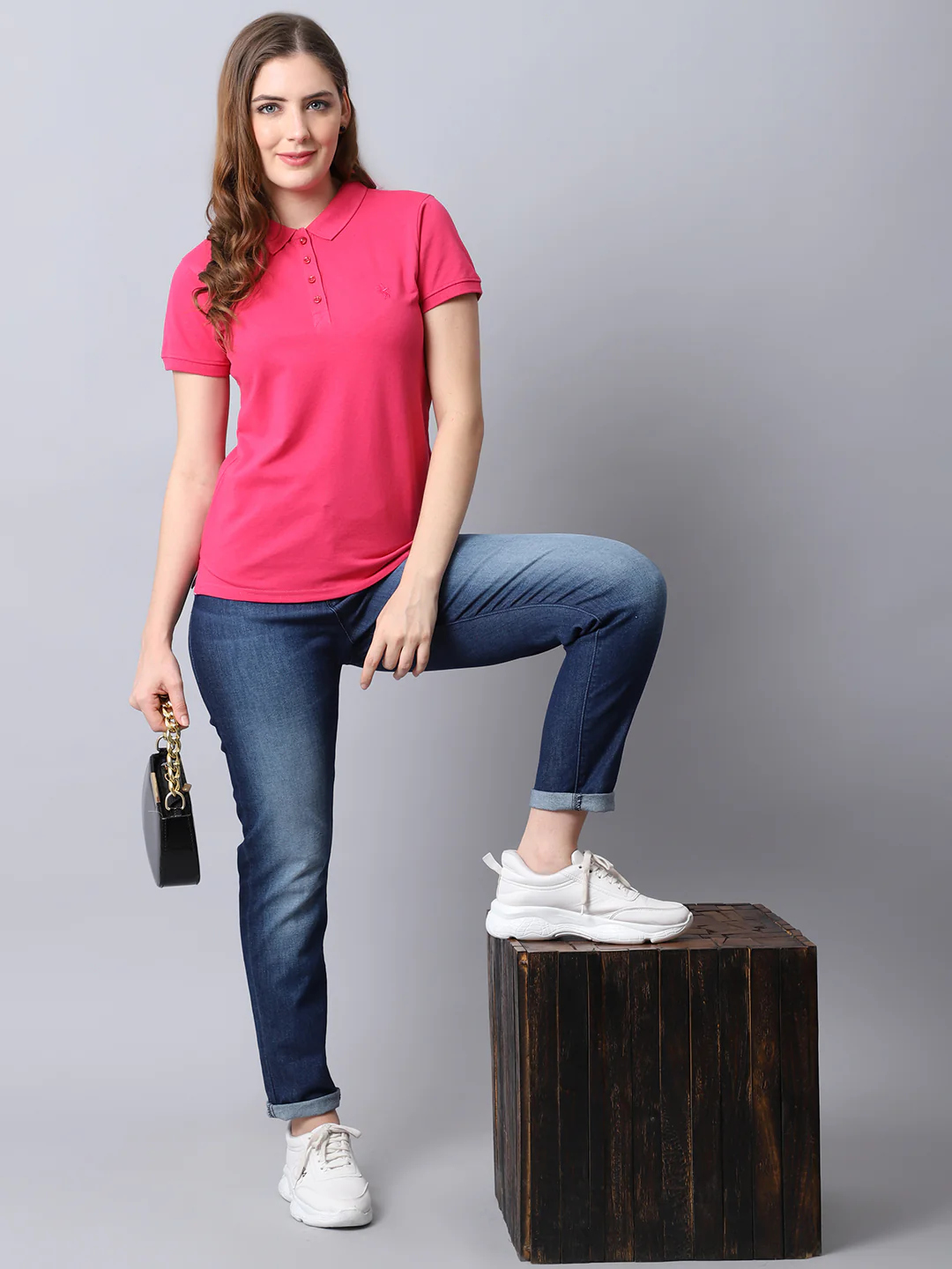 Women's Casual Regular Short Sleeve Dark Pink Polo neck  T-Shirt - Image 5