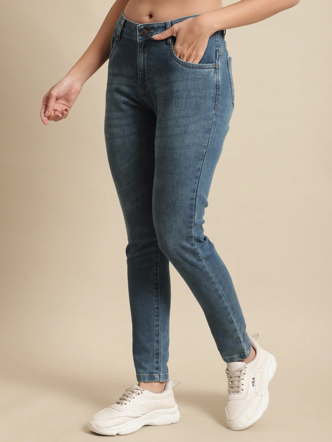 Women's Casual Skinny Fit Dirty Green Heavy Fade Mid rise Jeans - Image 3