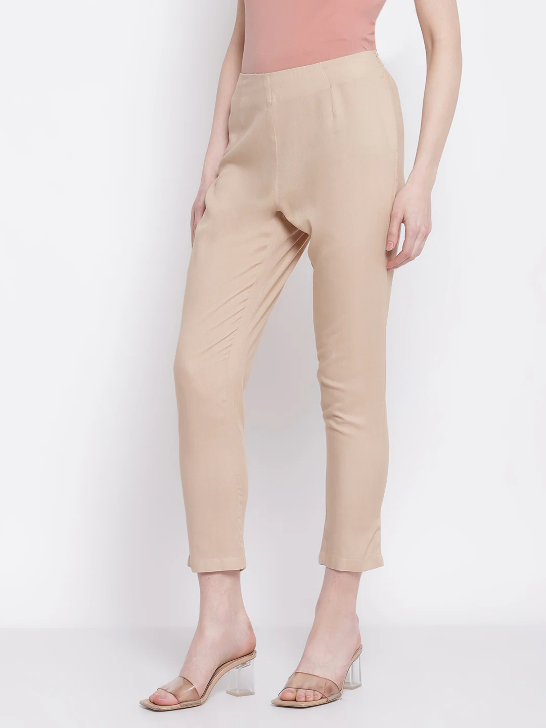 Women's Regular Slim Fit Beige Flat Front Mid rise Ethnic Pant - Image 3