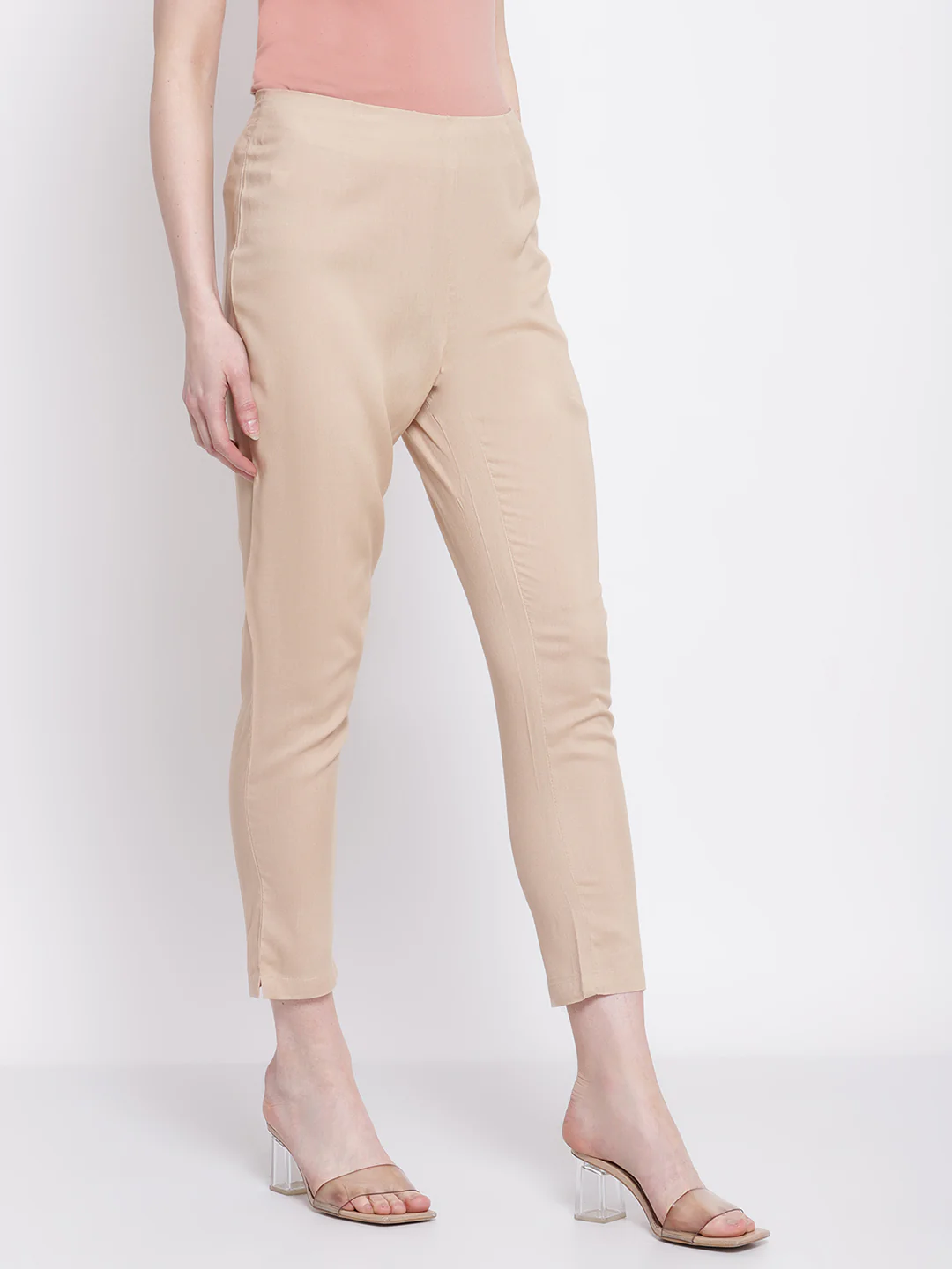 Women's Regular Slim Fit Beige Flat Front Mid rise Ethnic Pant - Image 4