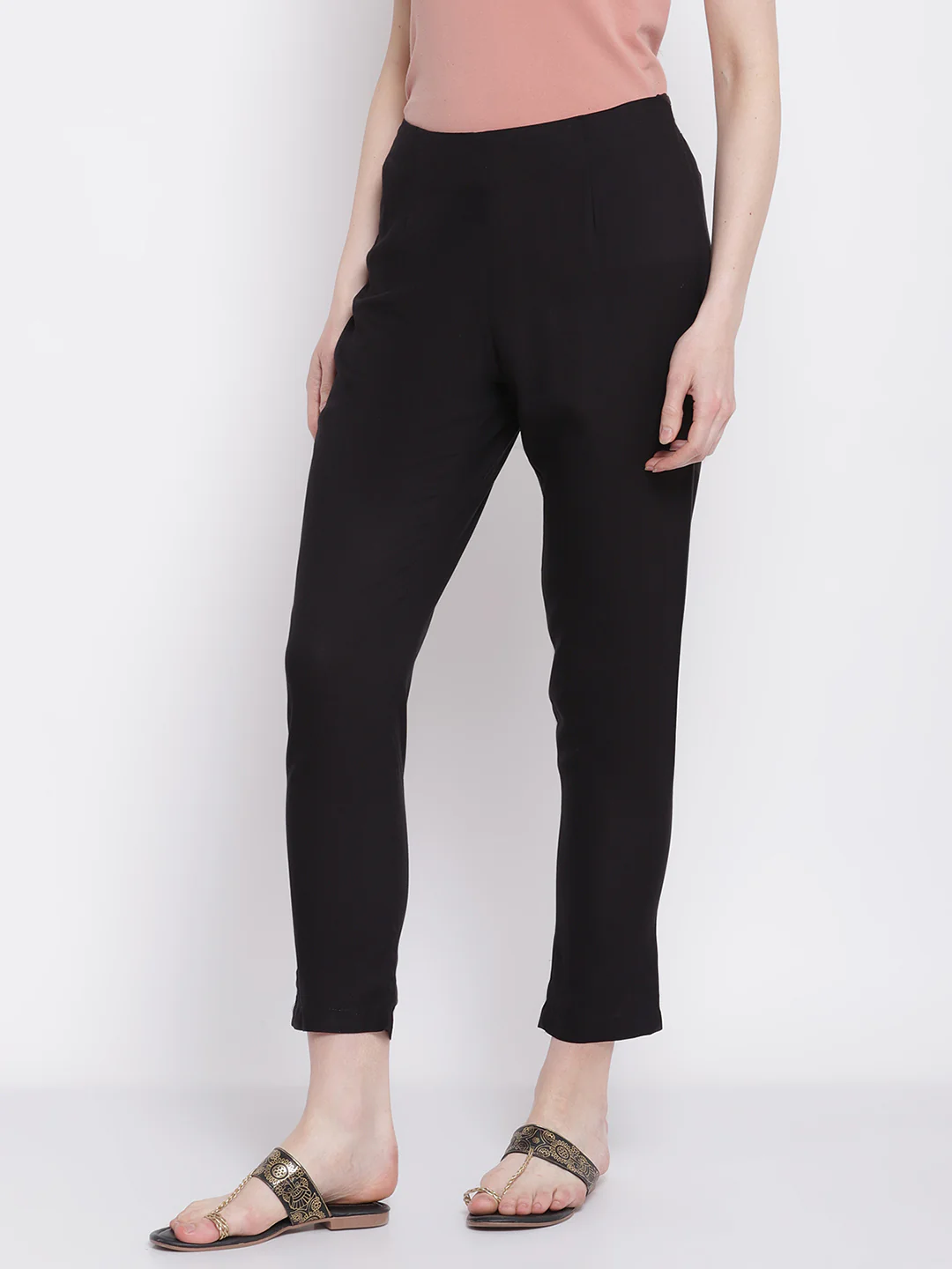 Women's Regular Slim Fit Black Flat Front Mid rise Ethnic Pant - Image 3