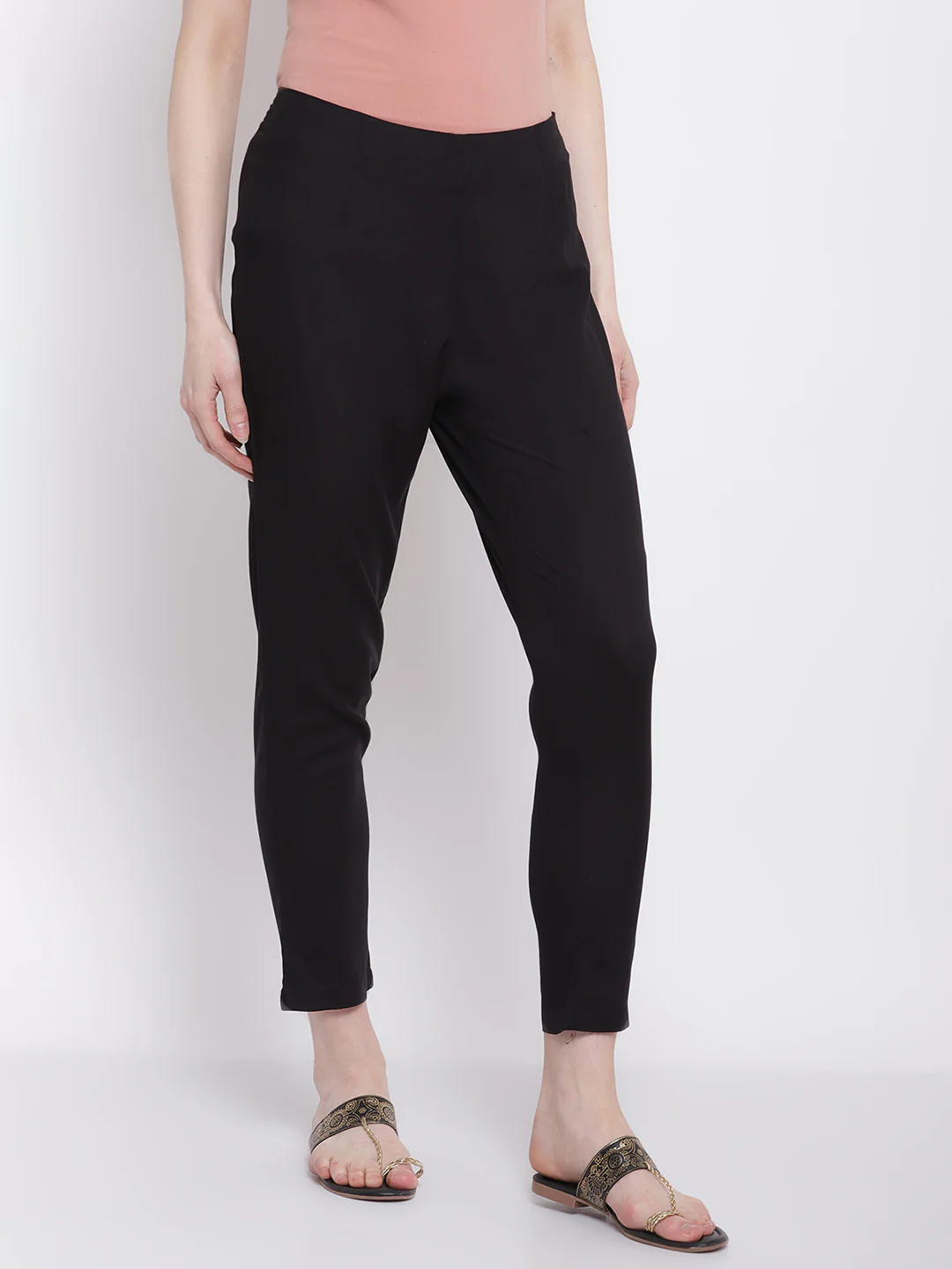 Women's Regular Slim Fit Black Flat Front Mid rise Ethnic Pant - Image 4