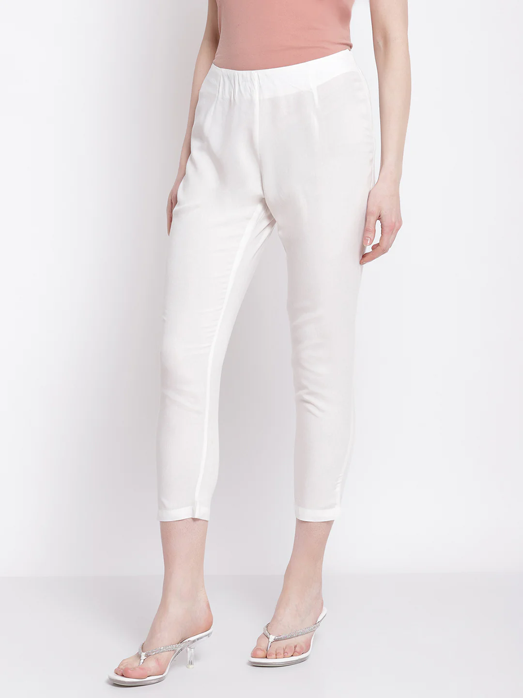 Women's Regular Slim Fit Offwhite Flat Front Mid rise Ethnic Pant - Image 3