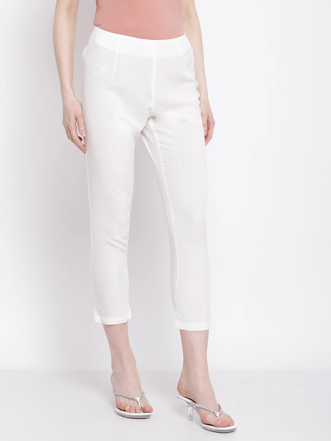 Women's Regular Slim Fit Offwhite Flat Front Mid rise Ethnic Pant - Image 4