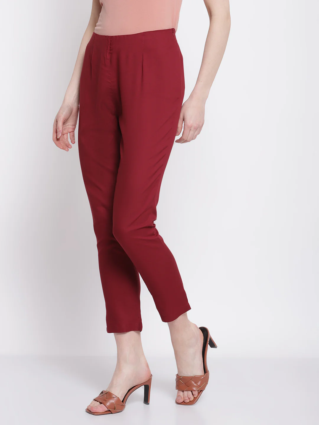Women's Regular Slim Fit Wine Flat Front Mid rise Ethnic Pant - Image 3