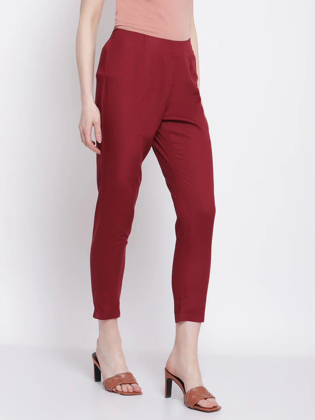 Women's Regular Slim Fit Wine Flat Front Mid rise Ethnic Pant - Image 4