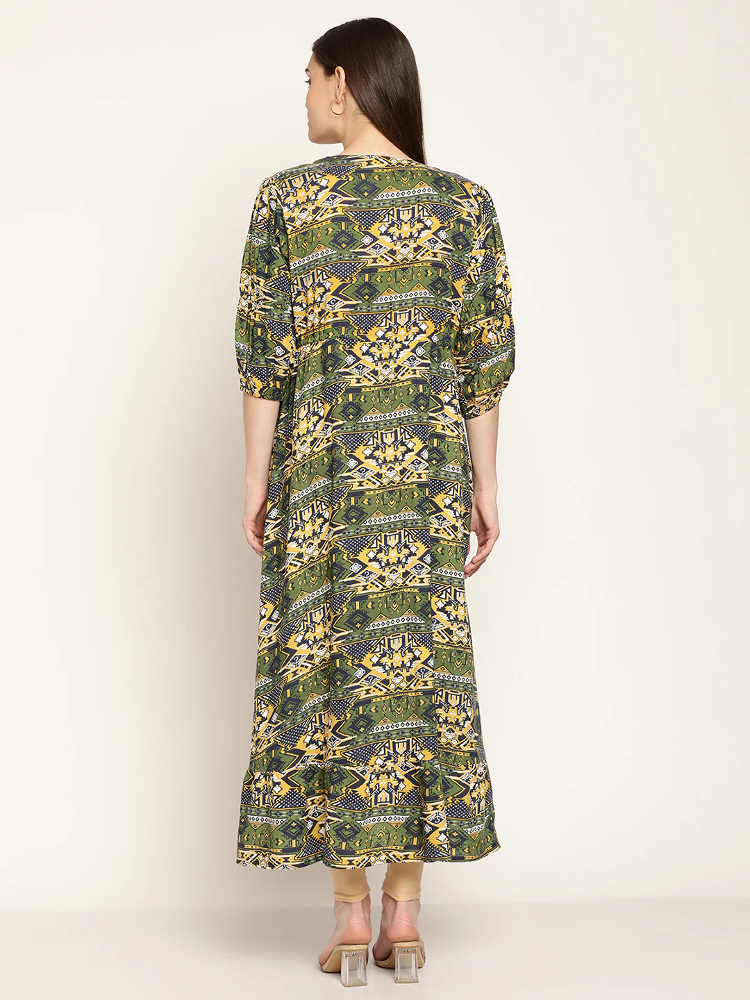 Women's Casual V neck Green Abstract Print Fit & Flared Dress - Image 2