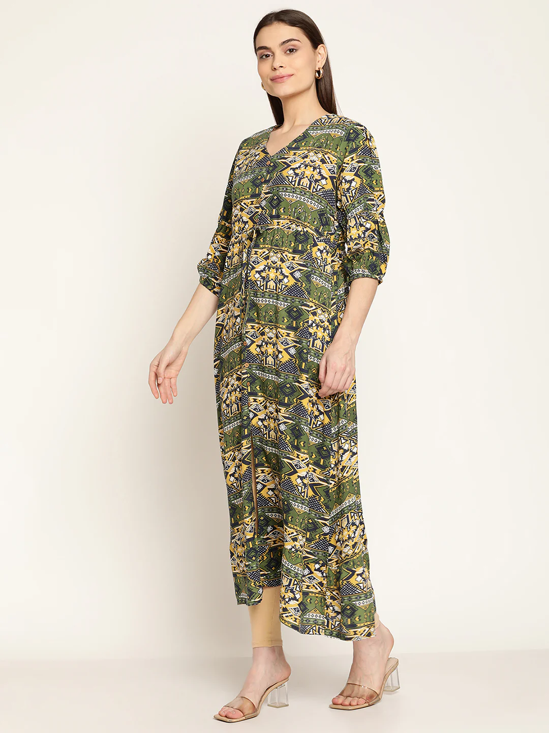 Women's Casual V neck Green Abstract Print Fit & Flared Dress - Image 3