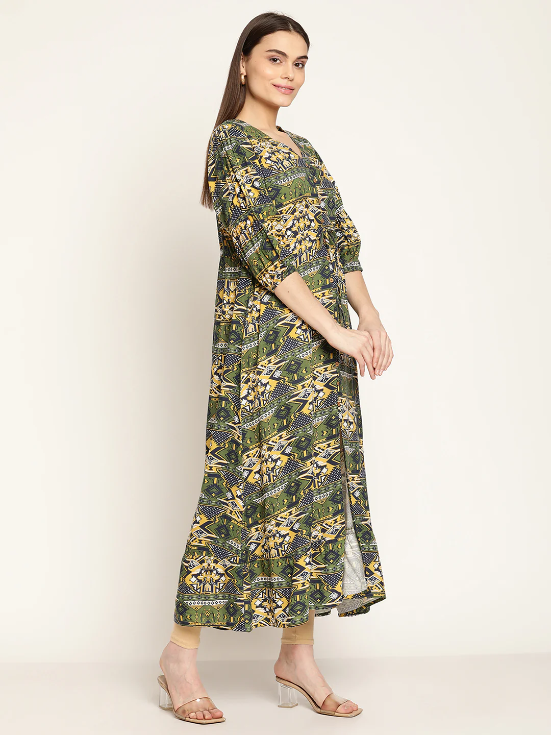 Women's Casual V neck Green Abstract Print Fit & Flared Dress - Image 4