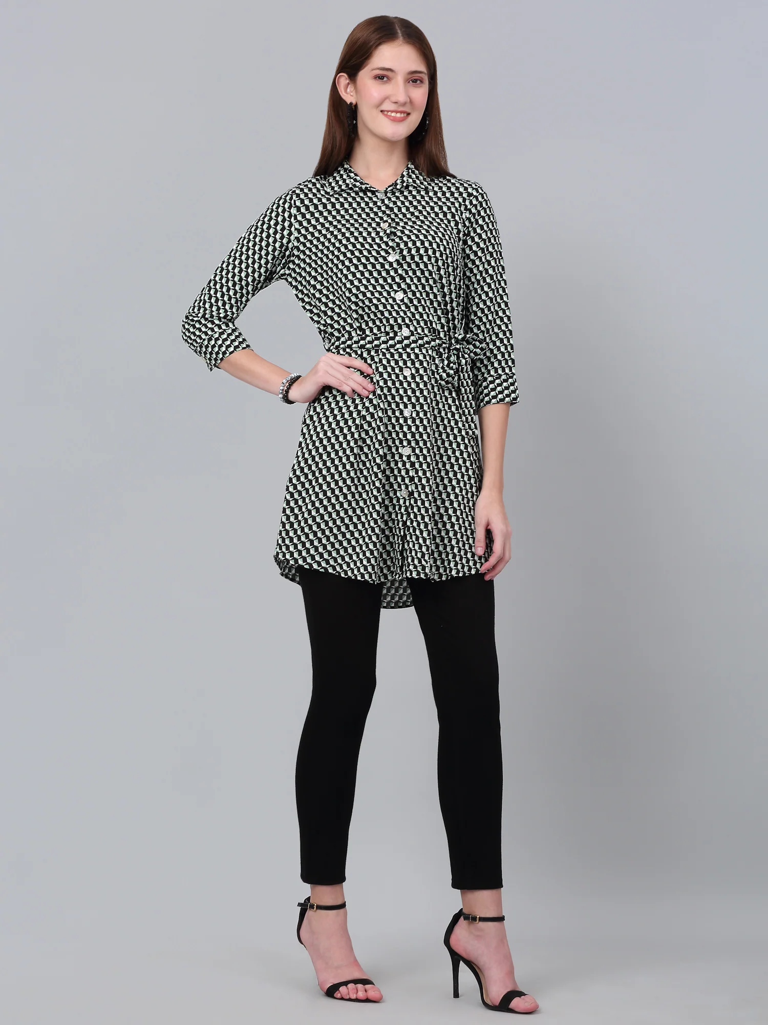 Women's Green Printed 3/4th Sleeve Long Tunic - Image 4