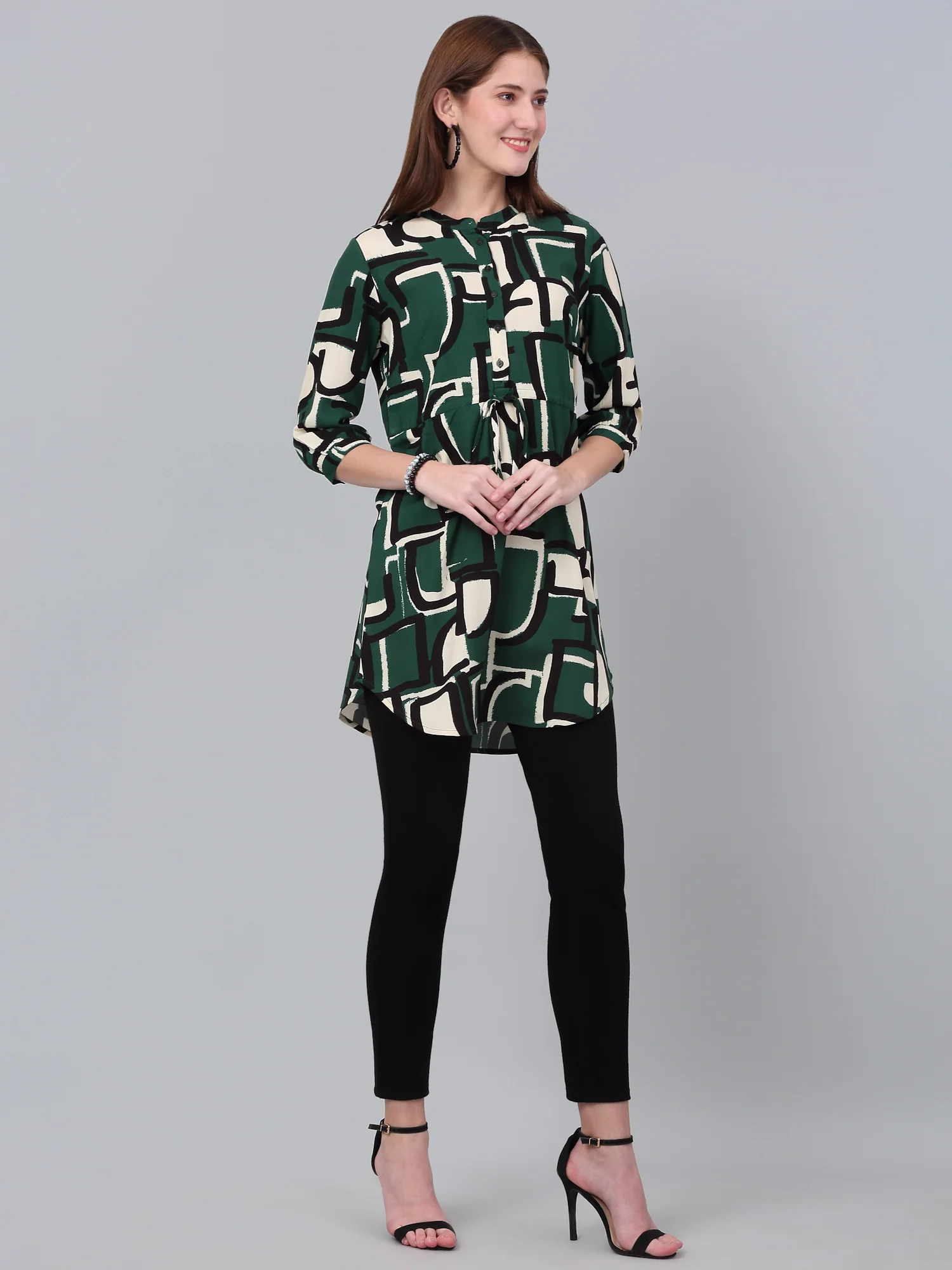 Women's Green Printed 3/4th Sleeve Long Tunic - Image 3