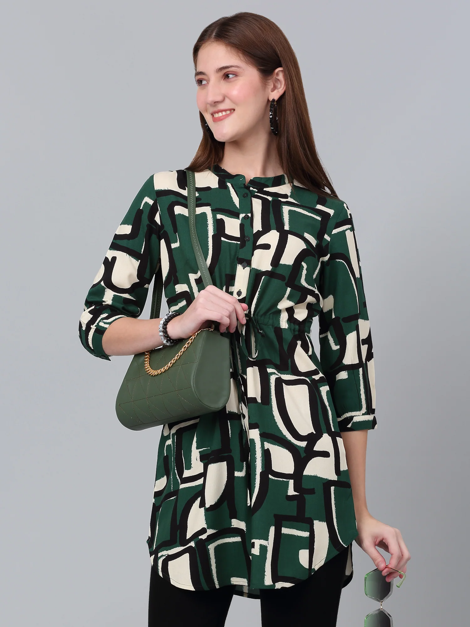 Women's Green Printed 3/4th Sleeve Long Tunic - Image 6