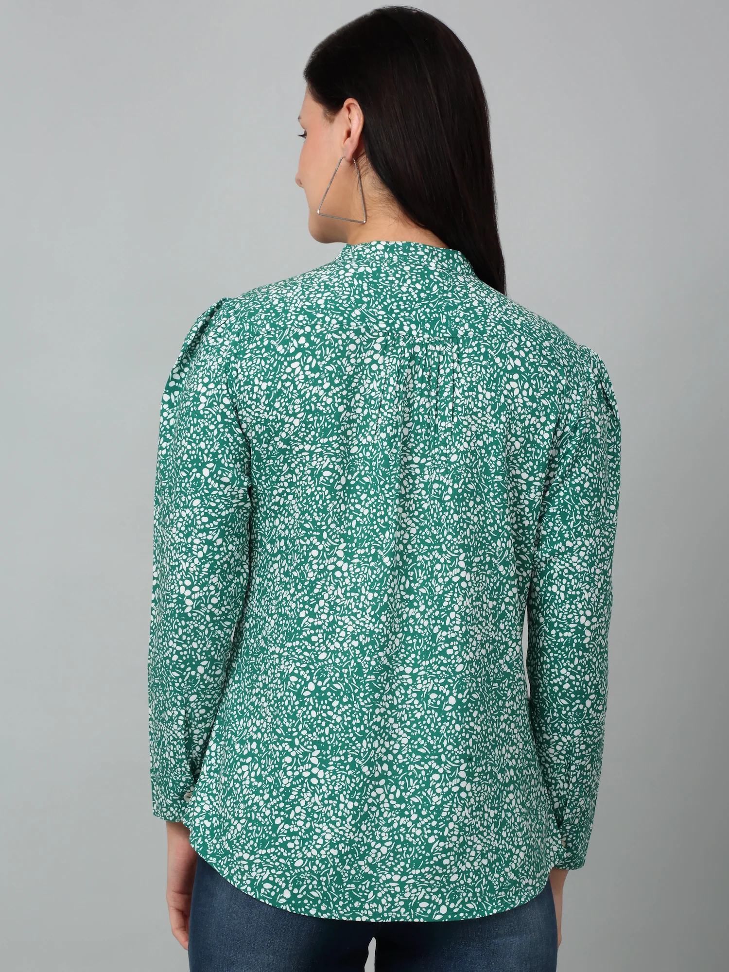 Women's Casual  Green Ditsy Print Mandarin Collar Tunic - Image 2