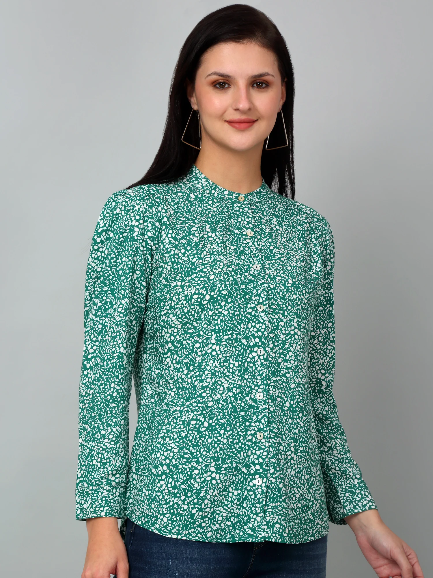 Women's Casual  Green Ditsy Print Mandarin Collar Tunic - Image 3