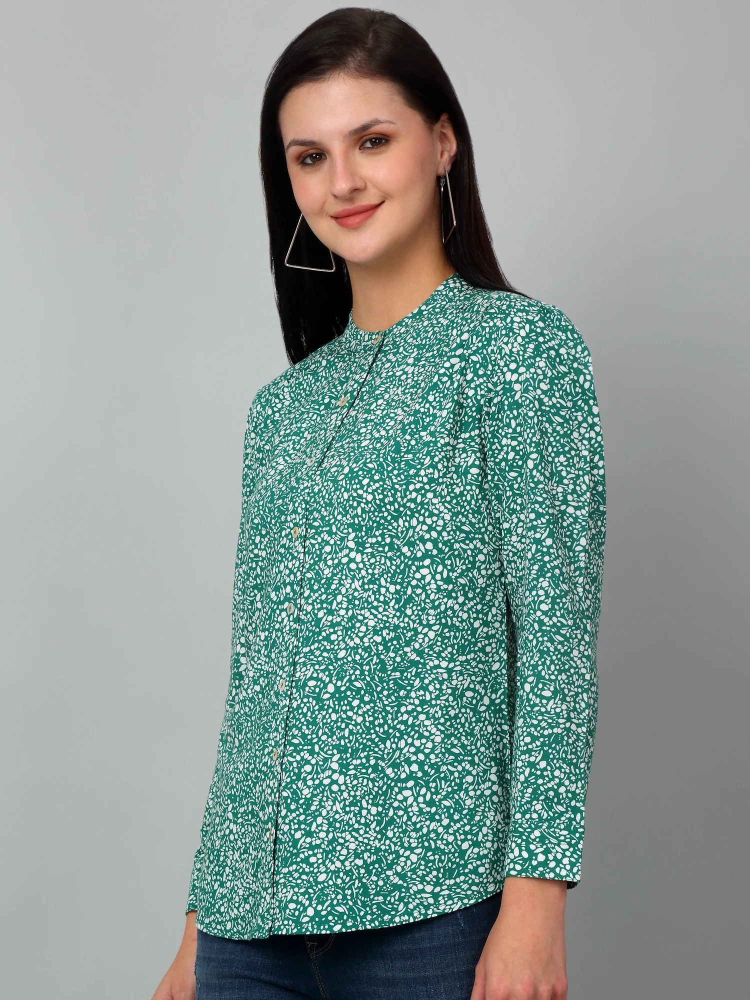 Women's Casual  Green Ditsy Print Mandarin Collar Tunic - Image 4