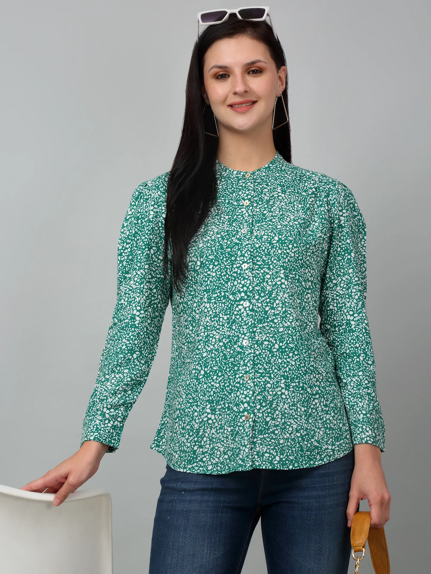 Women's Casual  Green Ditsy Print Mandarin Collar Tunic - Image 6