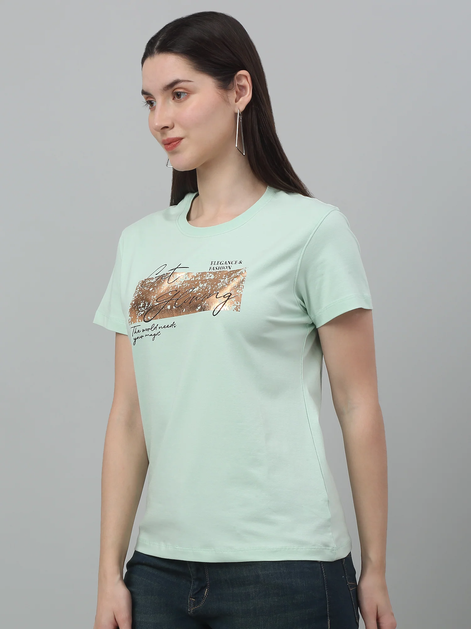 Women's Casual Regular Short Sleeve Green Round neck Typographic Print T-Shirt - Image 3