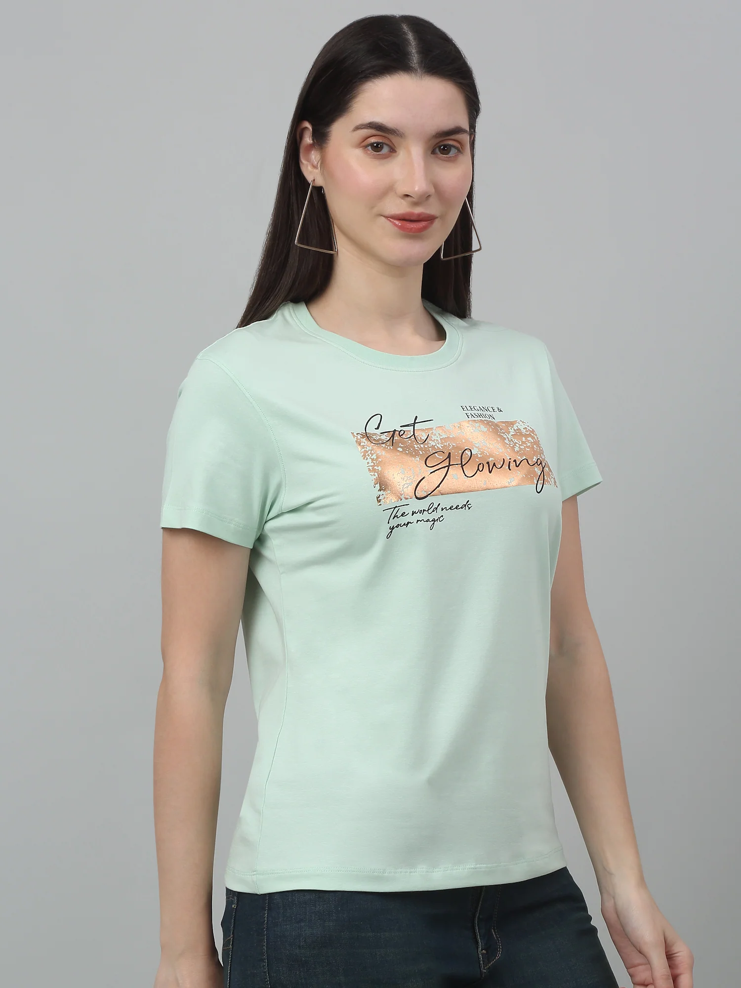 Women's Casual Regular Short Sleeve Green Round neck Typographic Print T-Shirt - Image 4