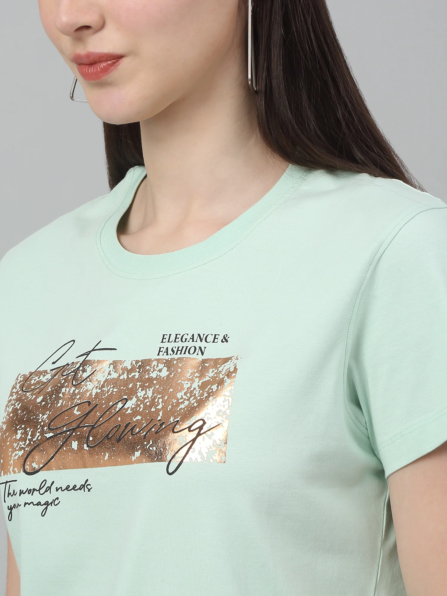 Women's Casual Regular Short Sleeve Green Round neck Typographic Print T-Shirt - Image 5