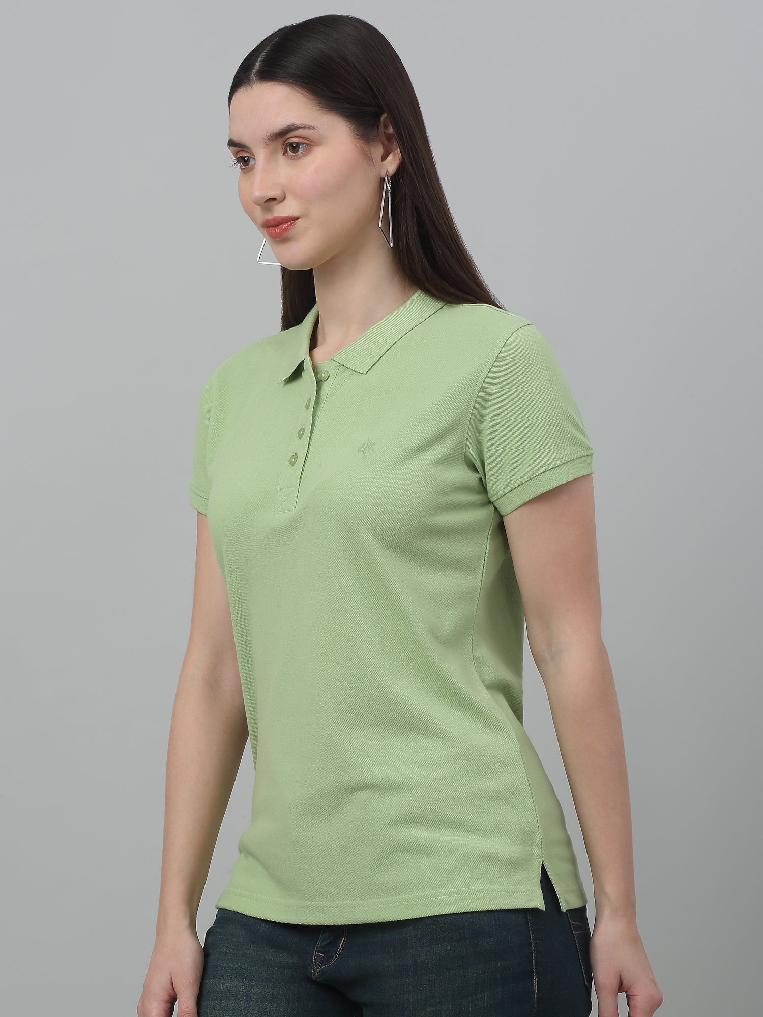 Women's Casual Regular Short Sleeve MintGreen Polo neck  T-Shirt - Image 3