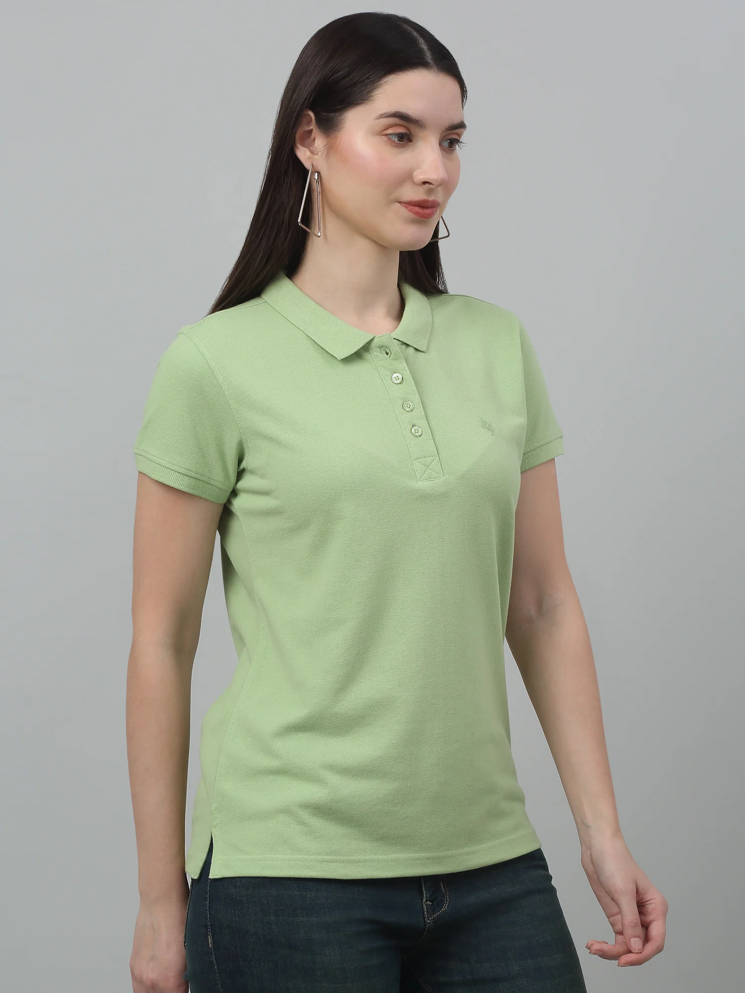 Women's Casual Regular Short Sleeve MintGreen Polo neck  T-Shirt - Image 4
