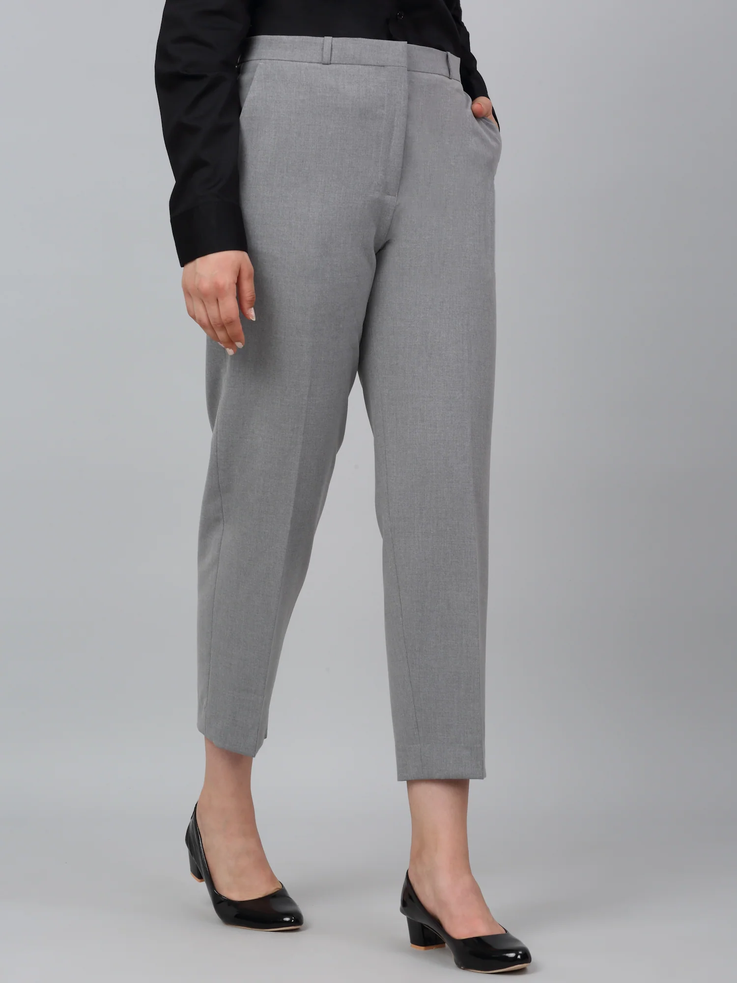 Women's Grey Solid Non-Pleated Formal Trouser - Image 3