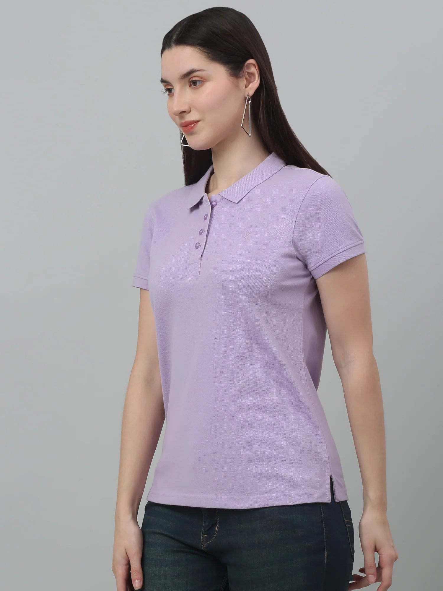Women's Casual Regular Short Sleeve Lavender Polo neck  T-Shirt - Image 3