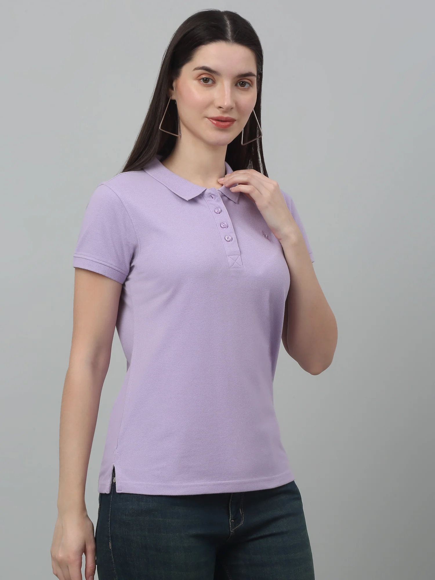 Women's Casual Regular Short Sleeve Lavender Polo neck  T-Shirt - Image 4