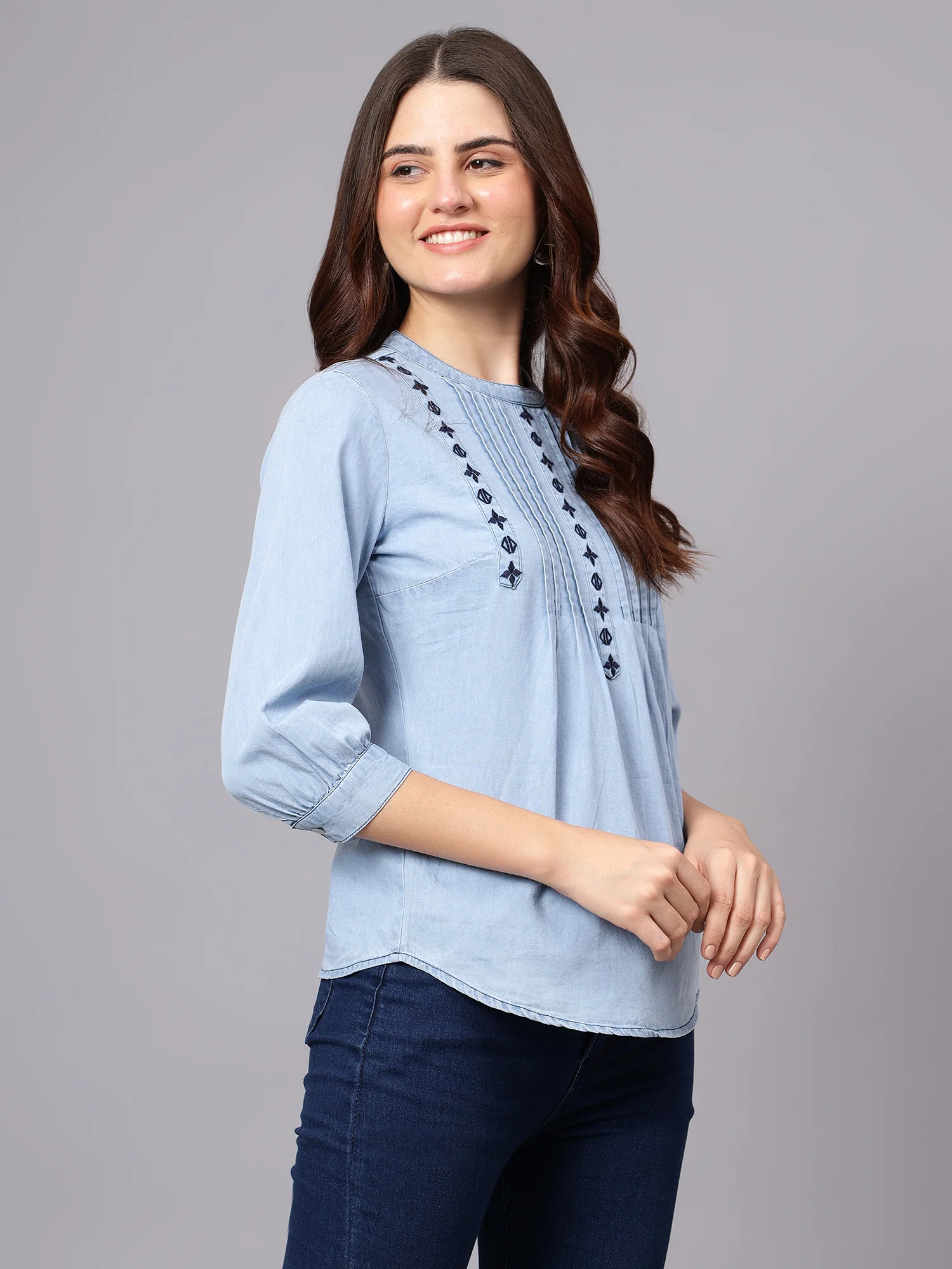 Women's Light Blue Embroidery Casual Top - Image 3