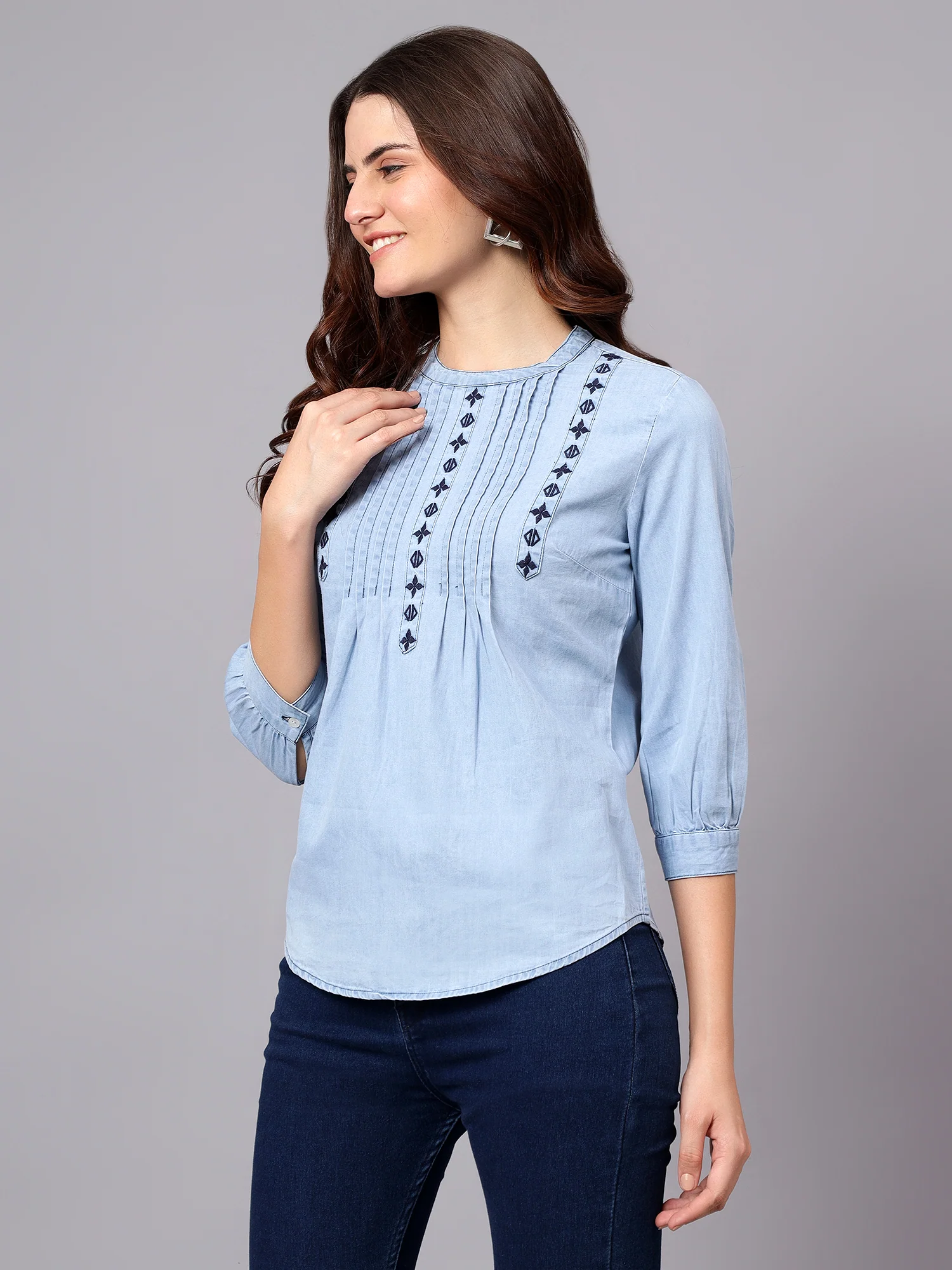 Women's Light Blue Embroidery Casual Top - Image 4