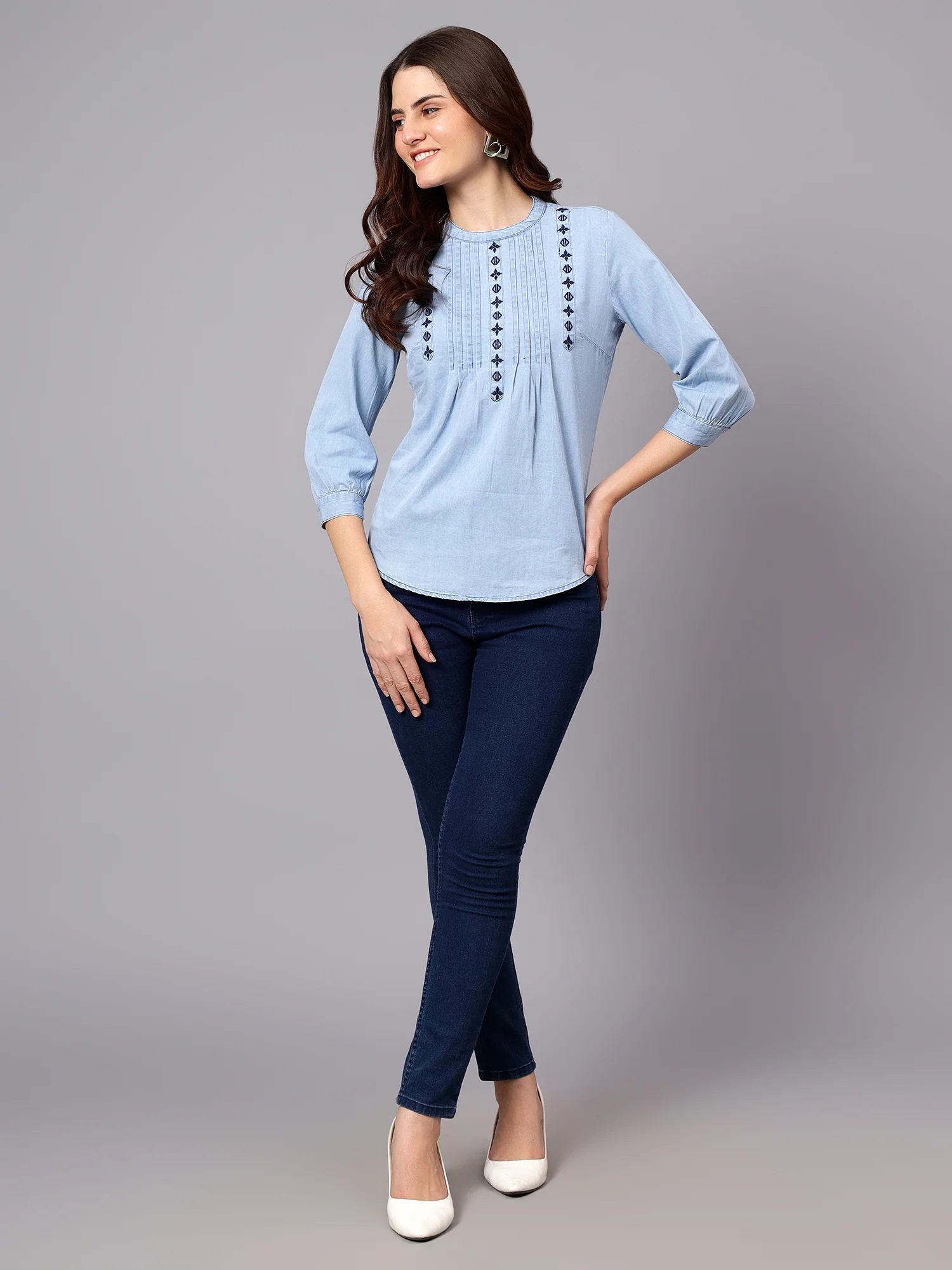 Women's Light Blue Embroidery Casual Top - Image 6