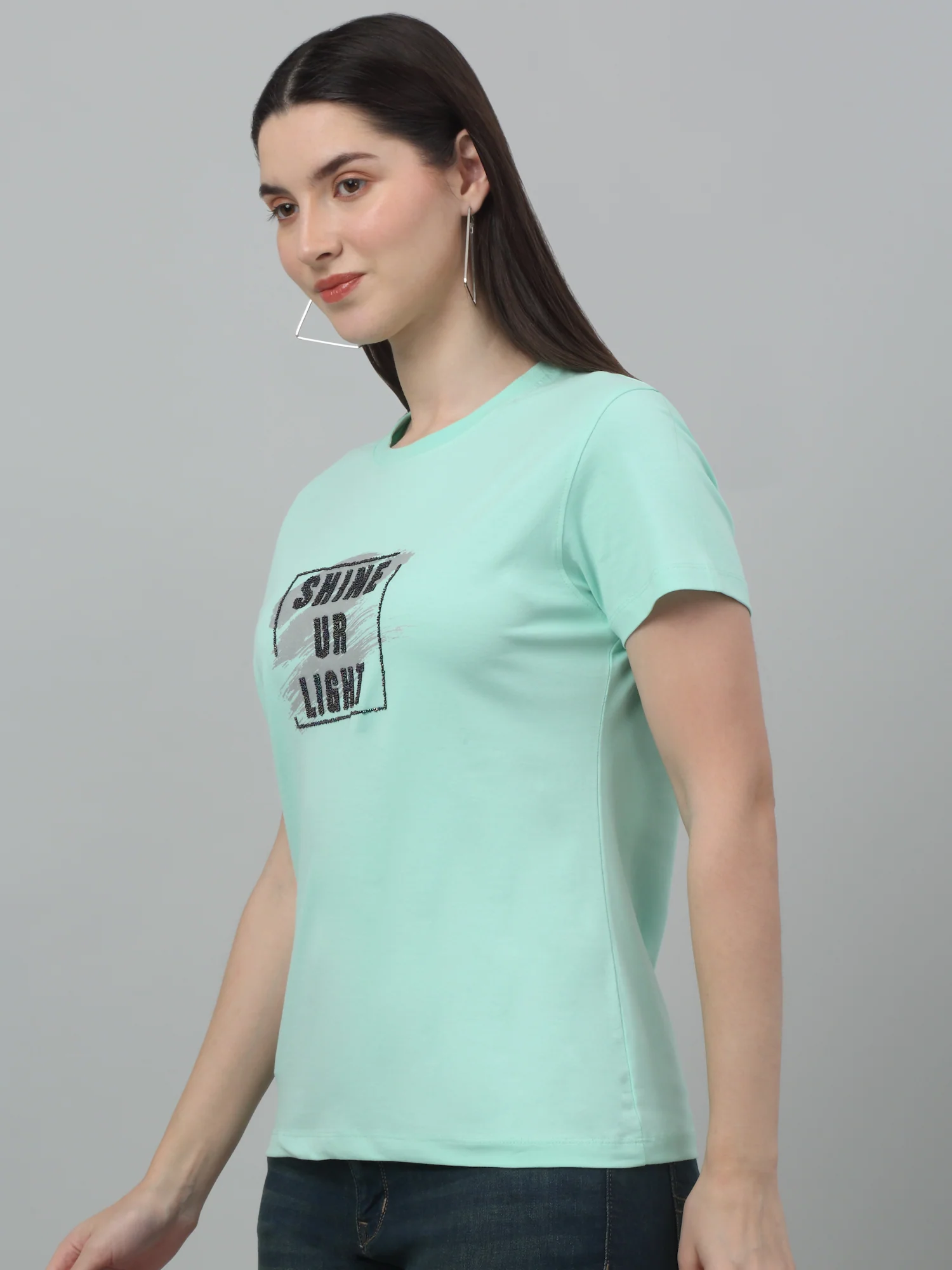 Women's Casual Regular Short Sleeve Pista Green Round neck Typographic Print T-Shirt - Image 3
