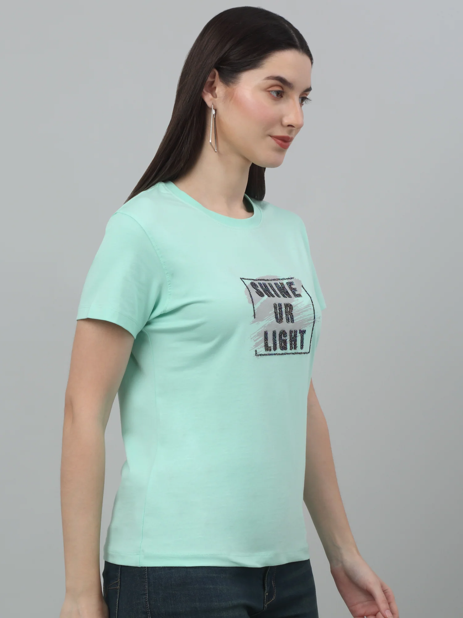 Women's Casual Regular Short Sleeve Pista Green Round neck Typographic Print T-Shirt - Image 4