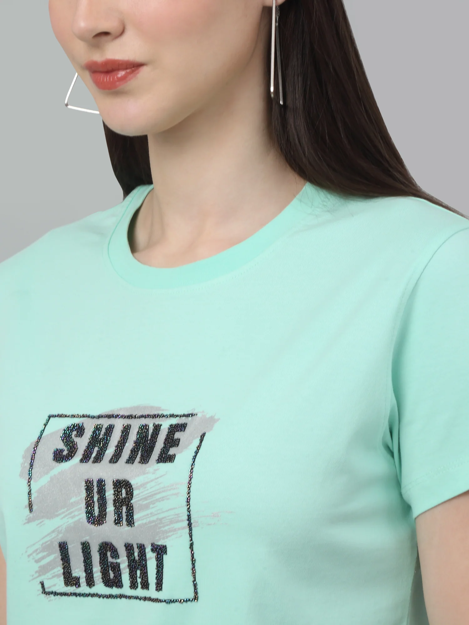 Women's Casual Regular Short Sleeve Pista Green Round neck Typographic Print T-Shirt - Image 5